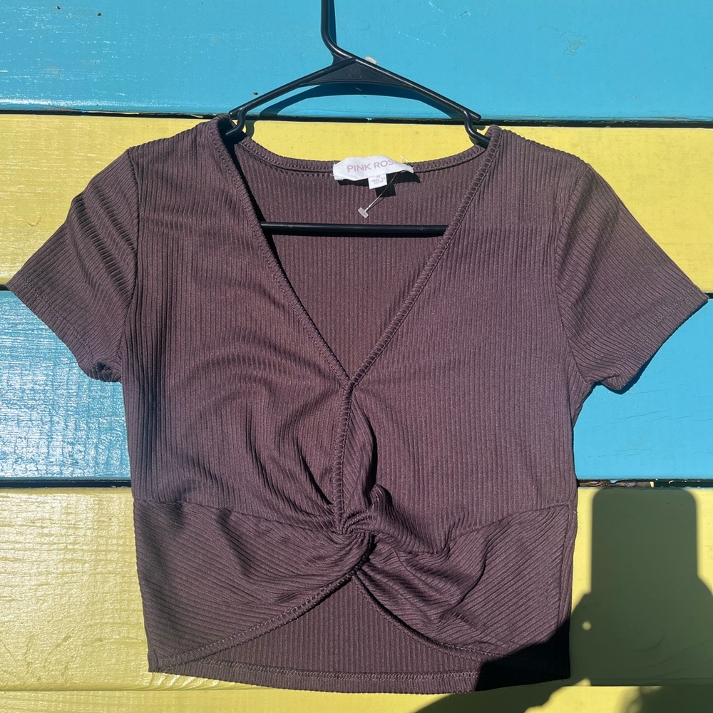 Pink Rose Women's Brown Ribbed Twist-Front Crop Top